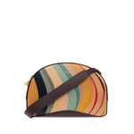Paul Smith Swirl leather crossbody bag in cedar brown with detachable strap and zip fastening, featuring logo print on the front.