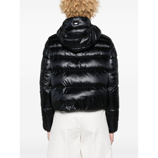 Herno Coats Black feather down padded jacket with hood, two-way zip, and drawstring hem, seen from the back on a model wearing white pants.