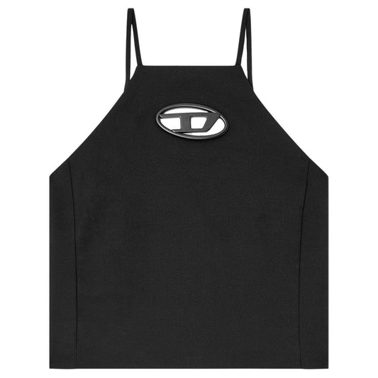 Diesel Top Black with halterneck, adjustable straps, and oval D logo, cropped wool blend design.