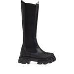 GANNI Boots Black with faux-leather, elasticated panels, pull-tab, chunky lug sole, round toe, high Chelsea design.