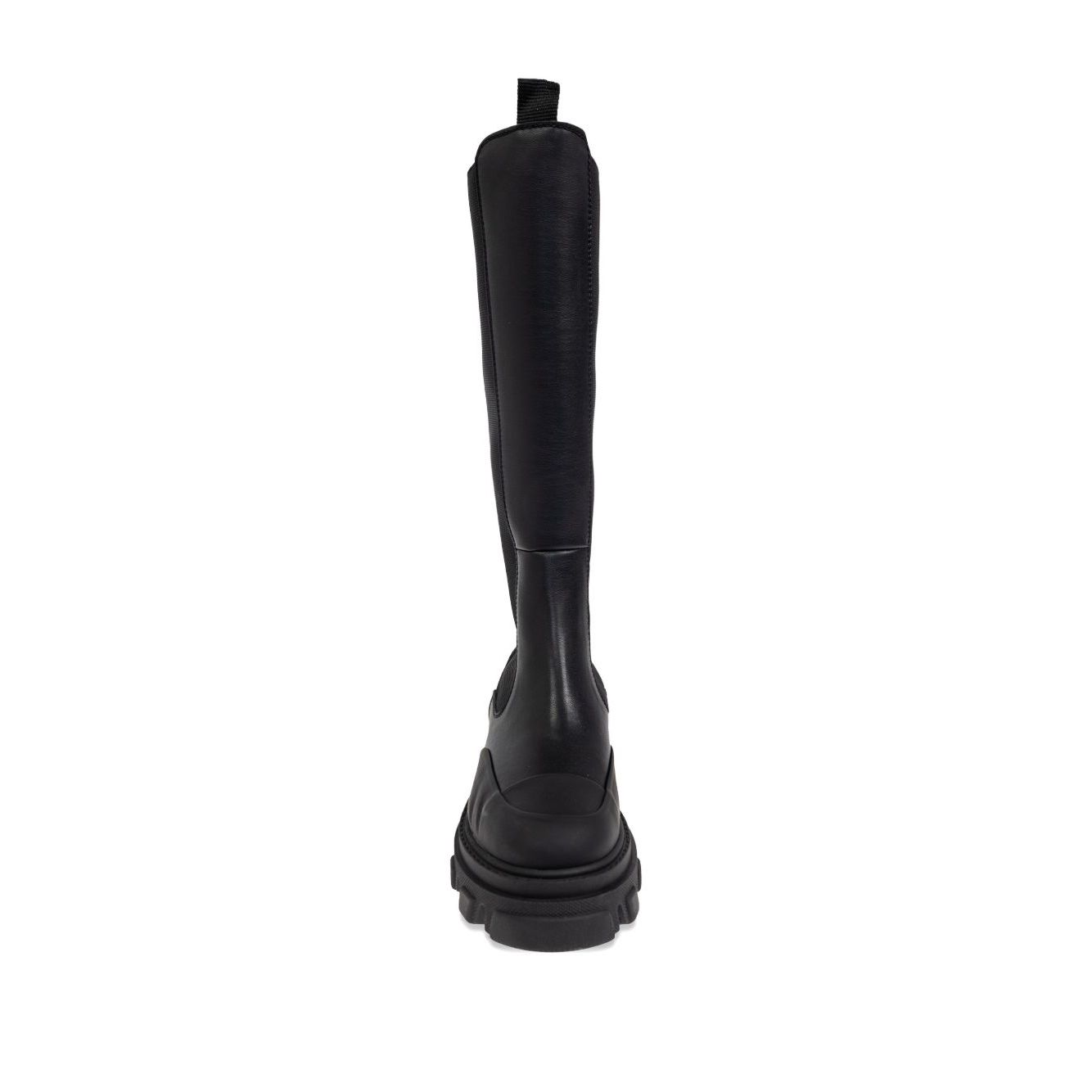 Back view of GANNI Boots Black showcasing black faux-leather upper, chunky lug sole, and pull-tab details.