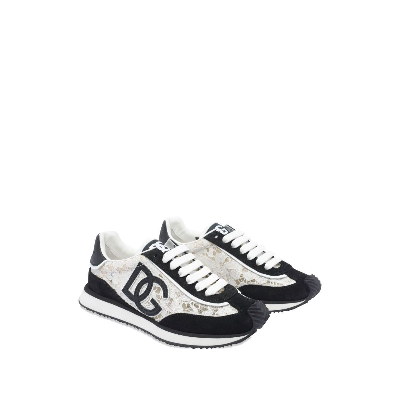 Dolce & Gabbana Sneakers White with front lace-up, rubber sole, branded heel, and logo patch. Stylish and sporty footwear.