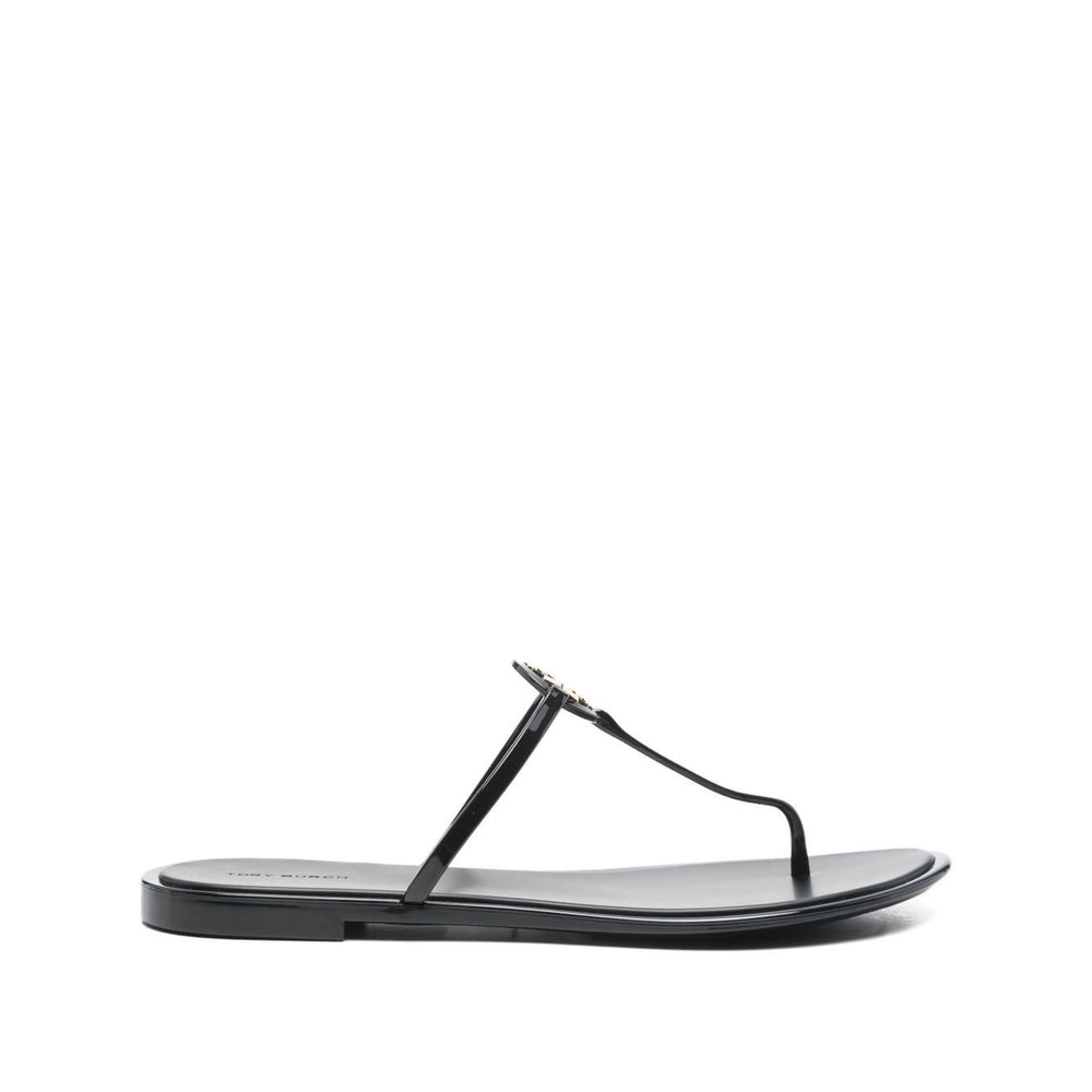 Tory Burch Sandals Black with Double T motif and branded insole, almond open toe design in Mini Miller thong style.