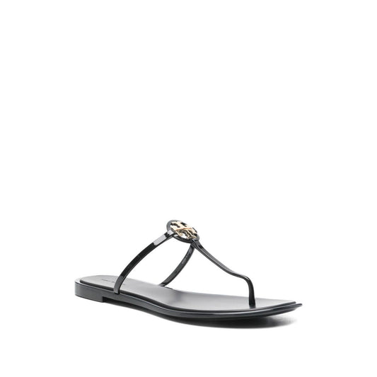 Tory Burch Sandals Black with Double T motif, open almond toe, Mini Miller thong design.