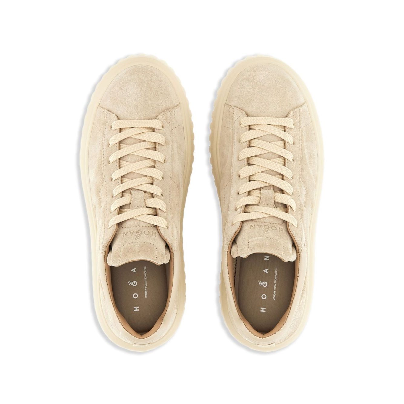 Top view of beige Hogan Pre Sneakers Hogan H-Stripes with lace-up fastening and logo-embroidered tongue.