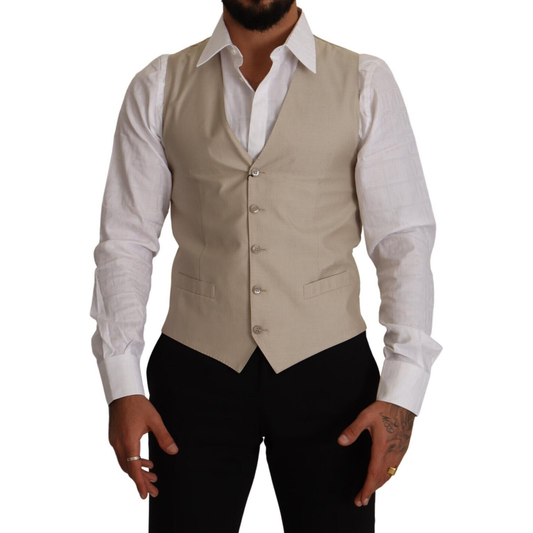 Dolce & Gabbana Beige Cotton Silk Slim Fit Waistcoat Vest TSH7651 - 48