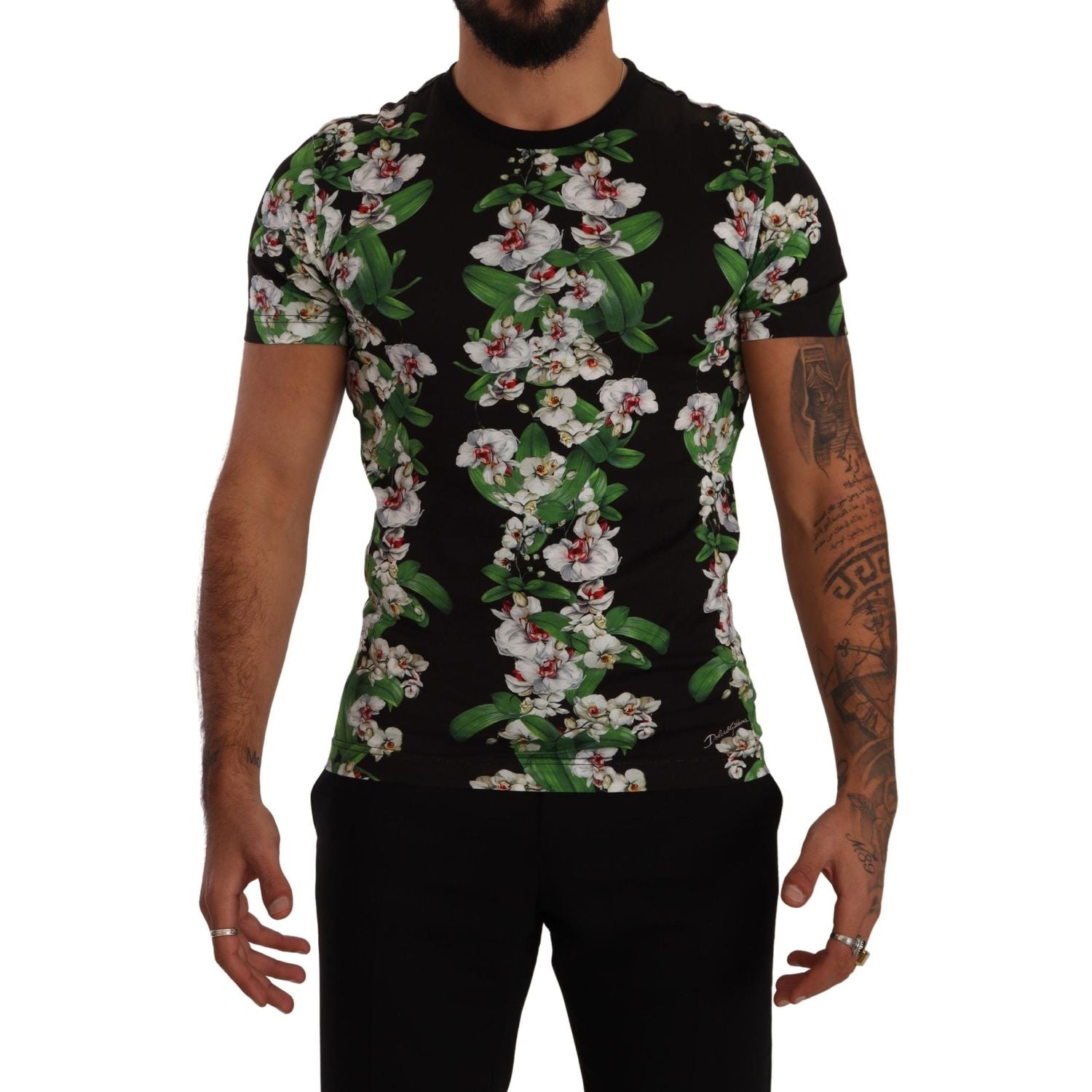تي شيرت Dolce &amp; Gabbana الأنيق ذو الياقة المستديرة والمزين بالزهور للرجال