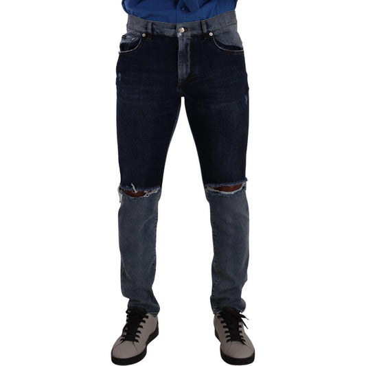 Dolce & Gabbana Blue Two Tone Tattered Cotton Slim Denim Jeans PAN72891 - 48