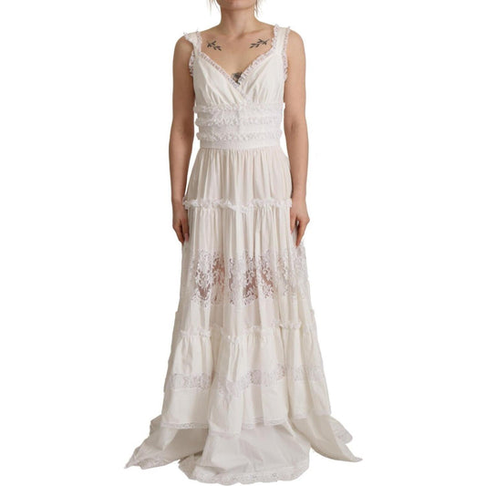 Dolce & Gabbana White Cotton Tiered Long Maxi A-line Dress DR28641 - 40