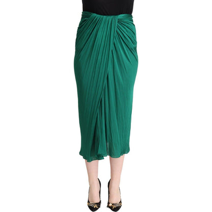 Dolce & Gabbana Dark Green High Waist Midi Pencil Cut Pleated Skirt