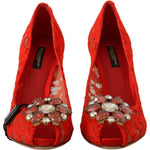 Dolce & Gabbana Red Taormina Lace Crystal Heels Pumps LA9799- 35