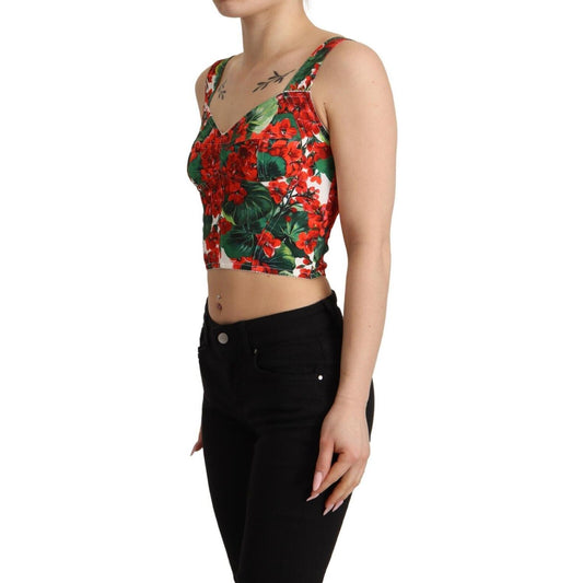 Dolce & Gabbana Red Geranium Print Viscose Sweetheart Cropped Top TSH7636 - 36