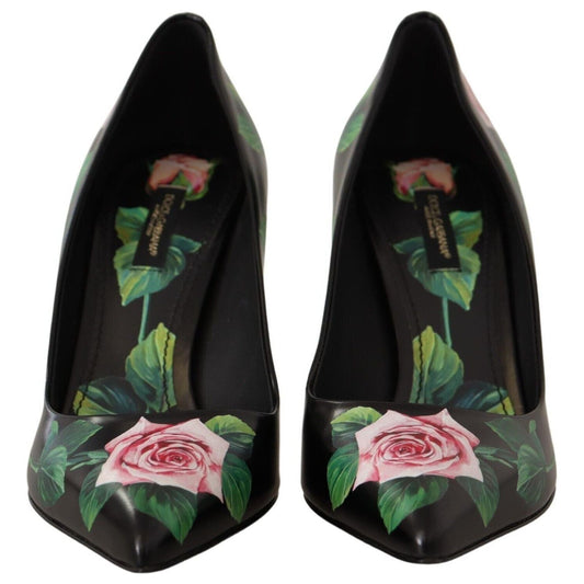 Dolce & Gabbana Black Leather Roses High Heels Pumps Shoes LA9966-35