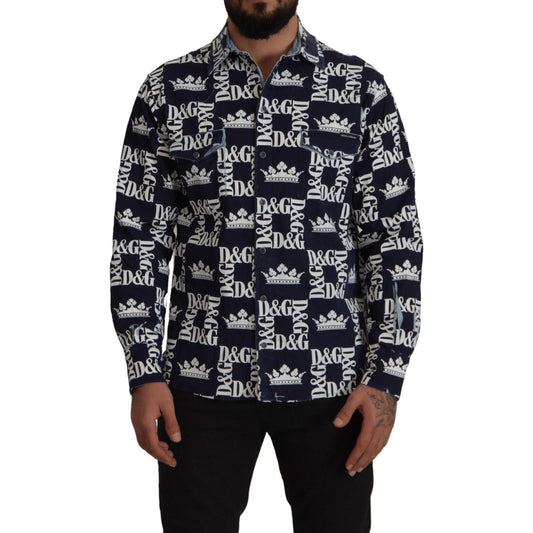 Dolce & Gabbana Blue Denim Stretch DG Crown Logo Casual Shirt TSH7977- 37