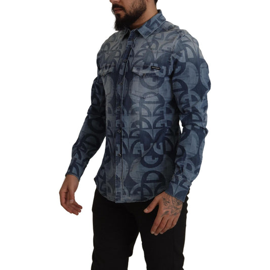 Dolce & Gabbana Blue Denim Stretch DG Logo Casual Mens Slim Shirt TSH7972- 39