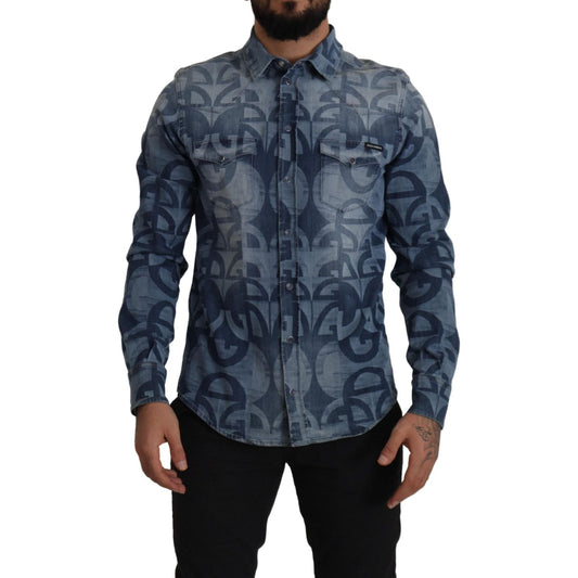 Dolce & Gabbana Blue Denim Stretch DG Logo Casual Mens Slim Shirt TSH7972- 39