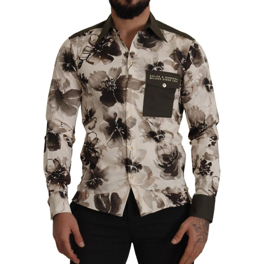 Dolce & Gabbana Green Beige Floral Cotton Stretch Exclusive Shirt TSH7976- 38