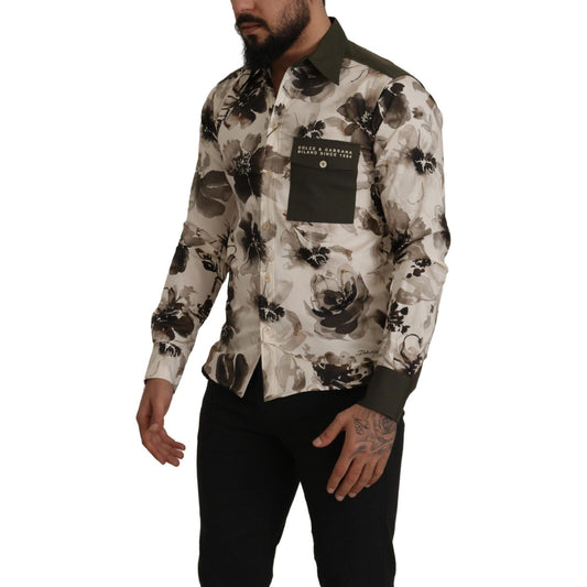 Dolce & Gabbana Green Beige Floral Cotton Stretch Exclusive Shirt TSH7976- 38