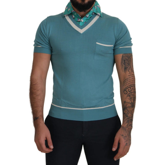 Dolce & Gabbana Blue Silk Polo Top Mens V-neck T-shirt TSH8159- 46