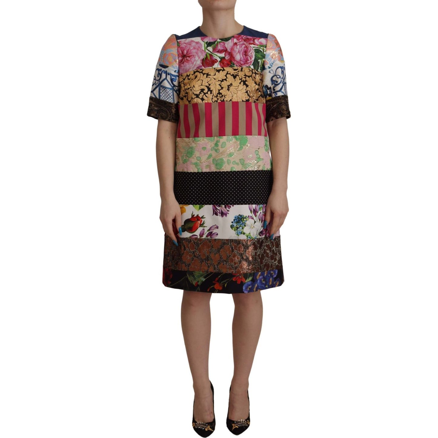 Dolce & Gabbana Multicolor Pachwork Floral Sheath Jaquard Mini Gown Dress