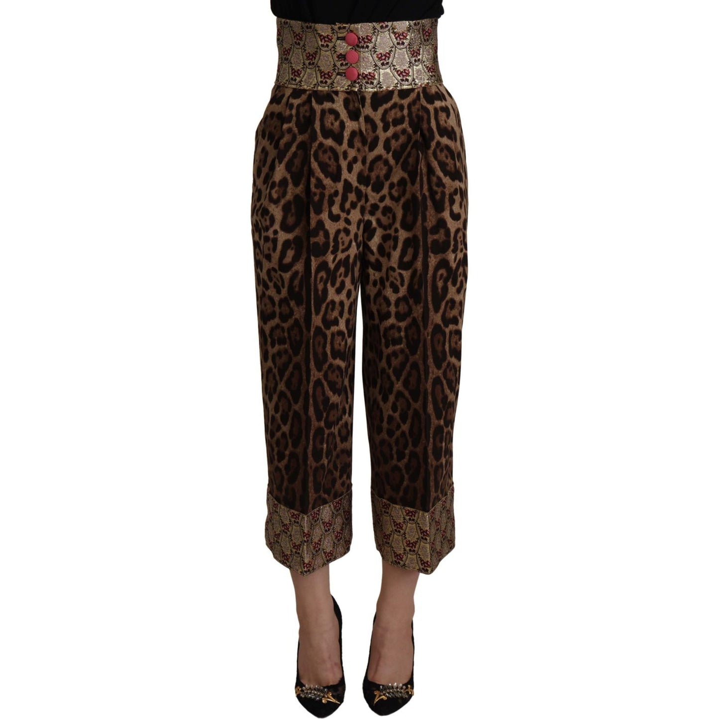 Dolce & Gabbana Brown Leopard Gold Jacquard High Waist Pants