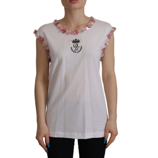 Dolce & Gabbana White DG Crown Floral Sequin T-shirt TSH7840- 38