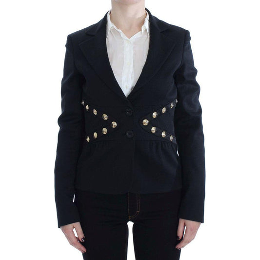 Exte Black Cotton Stretch Gold Studded Blazer Jacket SIG30910-2