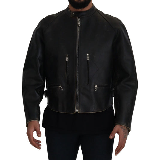 Dolce & Gabbana Black Leather Zipper Biker Coat Jacket JKT3331- 54