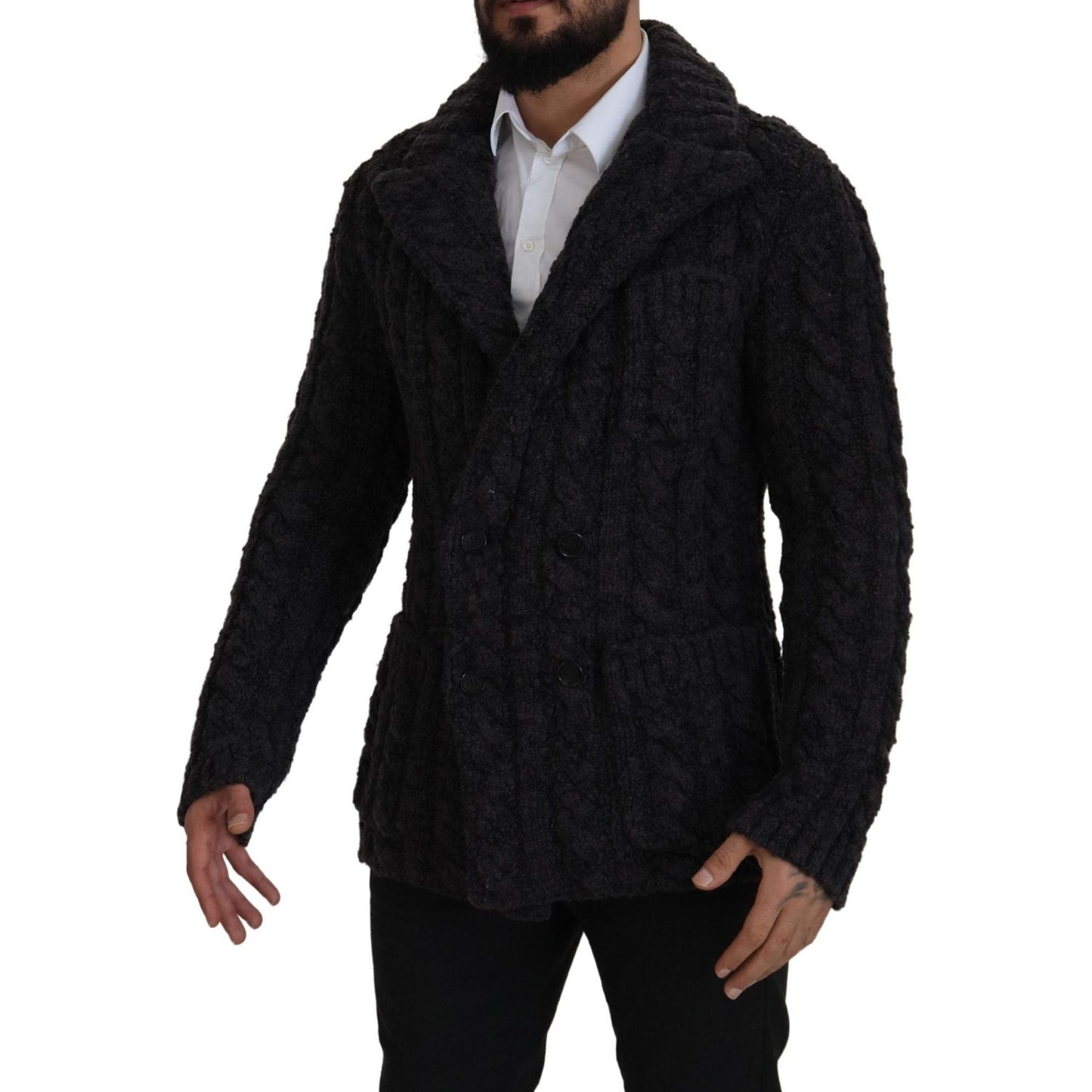 Dolce & Gabbana Black Wool Knit Double Breasted Coat Jacket