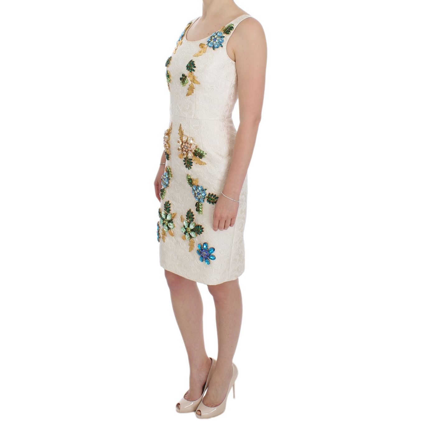 Dolce & Gabbana White Brocade Crystal Sheath Dress