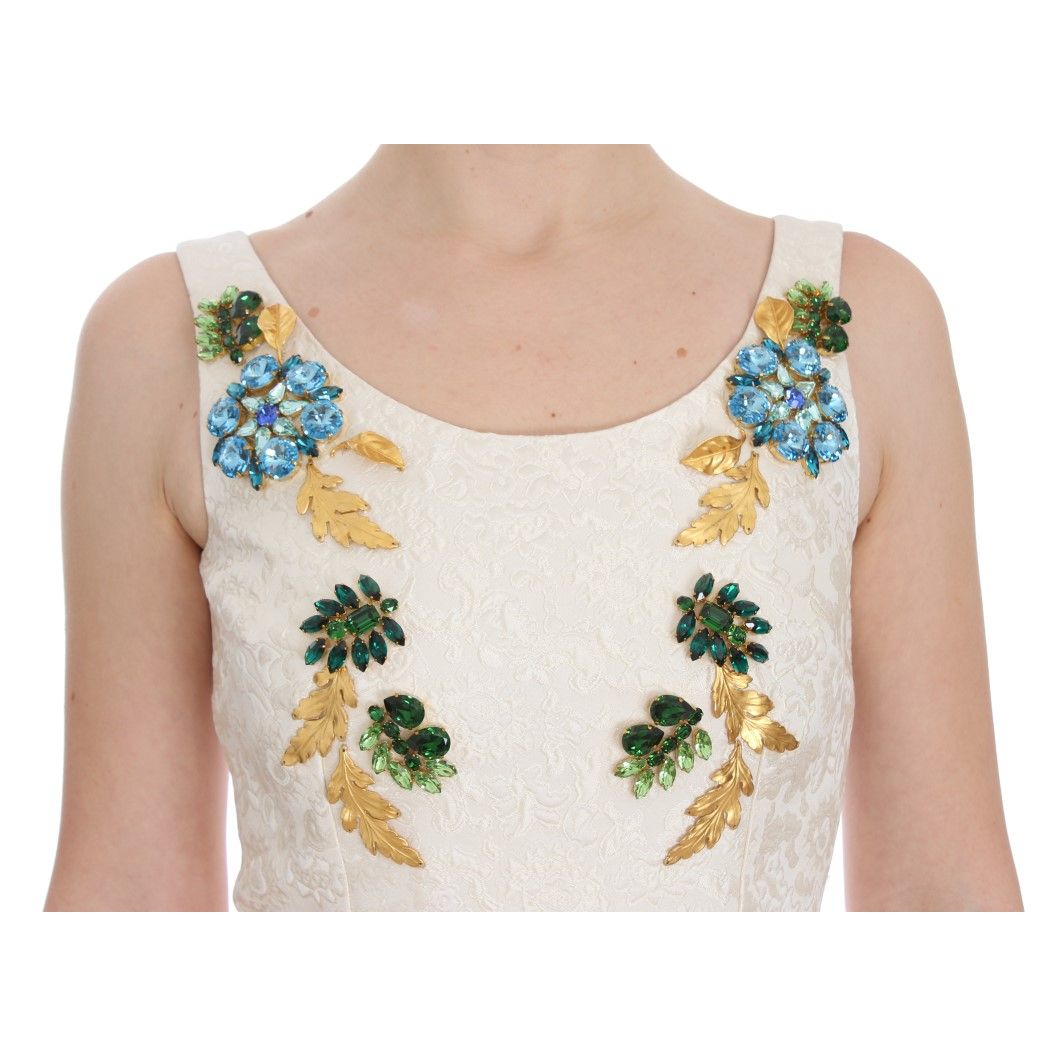Dolce & Gabbana White Brocade Crystal Sheath Dress