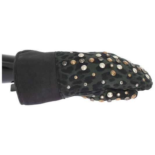 Dolce & Gabbana Gray Wool Shearling Studded Green Leopard Gloves LB129-1