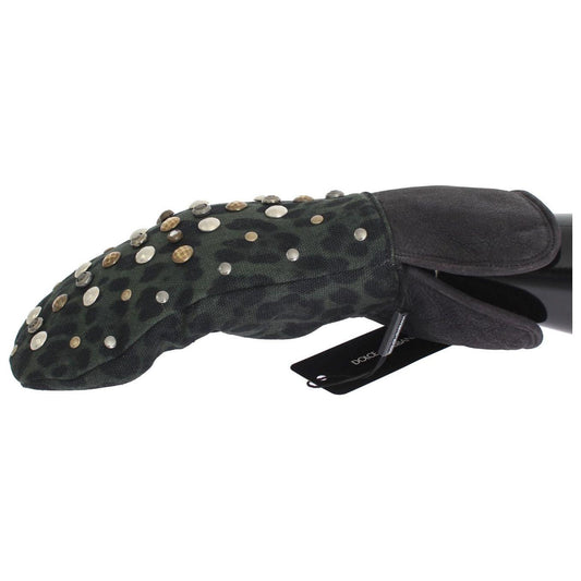 Dolce & Gabbana Gray Wool Shearling Studded Green Leopard Gloves LB129-1