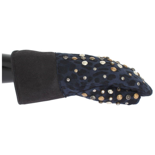 Dolce & Gabbana Gray Wool Shearling Studded Blue Leopard Gloves LB132-1