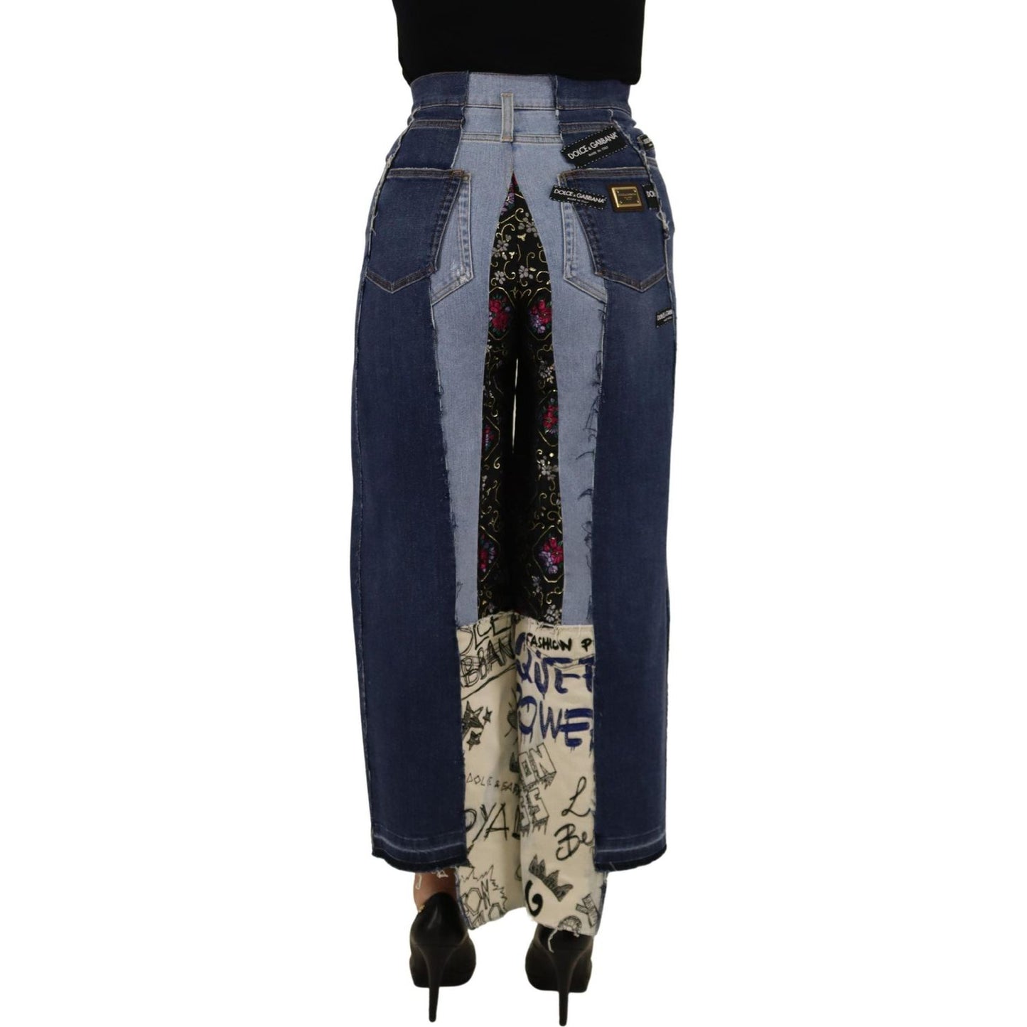 Dolce & Gabbana Multicolor Patchwork DG Fashion Wide Leg Denim Pant