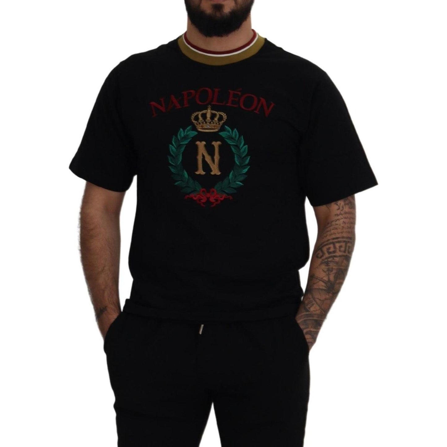 Dolce & Gabbana Black Cotton Embroidered Crewneck T-shirt TSH8106- 44