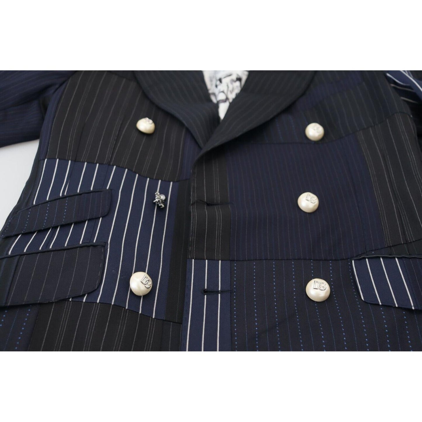 Dolce & Gabbana Blue Wool Patchwork Double Breasted Blazer