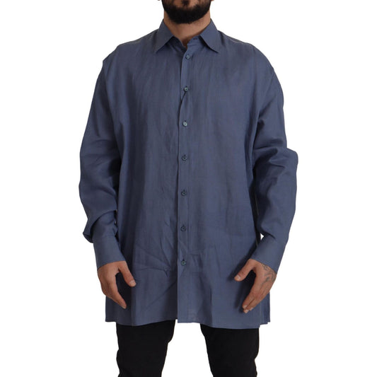 Dolce & Gabbana Dark Blue Linen Slim Fit Dress Formal Men Shirt TSH82936- 41