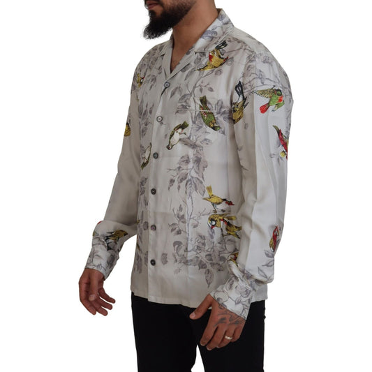 Dolce & Gabbana White Bird Print Silk Satin Casual Shirt TSH83568- IT4