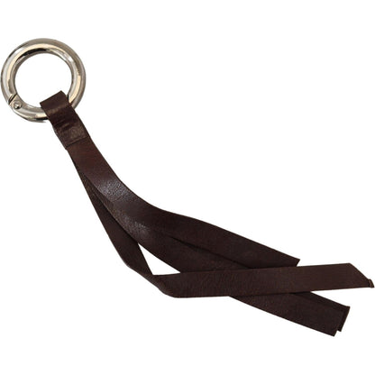 Costume National Brown Leather Silver Tone Metal Keyring Keychain