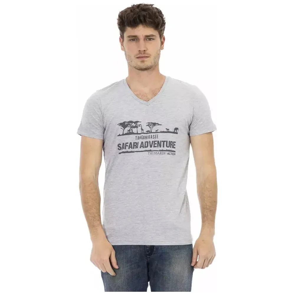 تي شيرت Trussardi Action رمادي من القطن للرجال برقبة على شكل حرف V