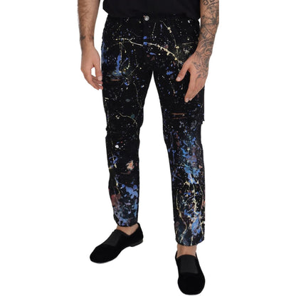 Dolce & Gabbana Black Cotton Color Splash Print Denim Jeans