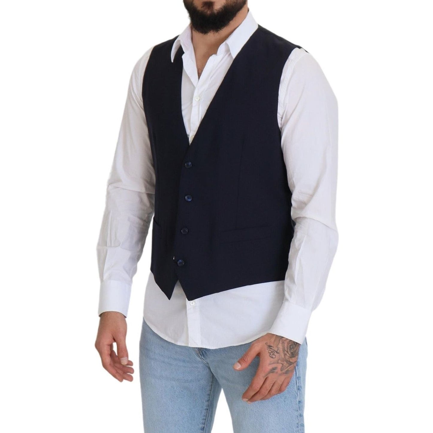 Dolce & Gabbana Dark Blue Wool Stretch Waistcoat Formal Vest TSH83026 - 48