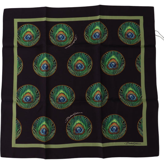 Dolce & Gabbana Black Peacock Feather DG Printed Square Handkerchief Scarf MS6283