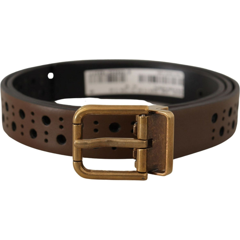 Dolce & Gabbana Brown Leather Perforated Crown Belt BEL8485- 90