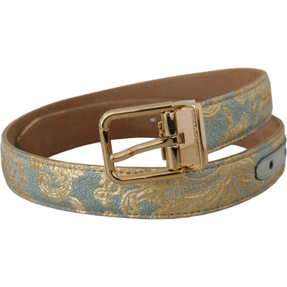 Dolce & Gabbana Blue Leather Jacquard Embossed Gold Metal Buckle Belt