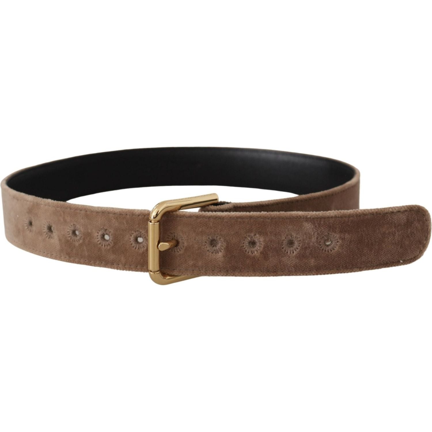 Dolce & Gabbana Light Brown Velvet Gold Tone Logo Metal Buckle Belt