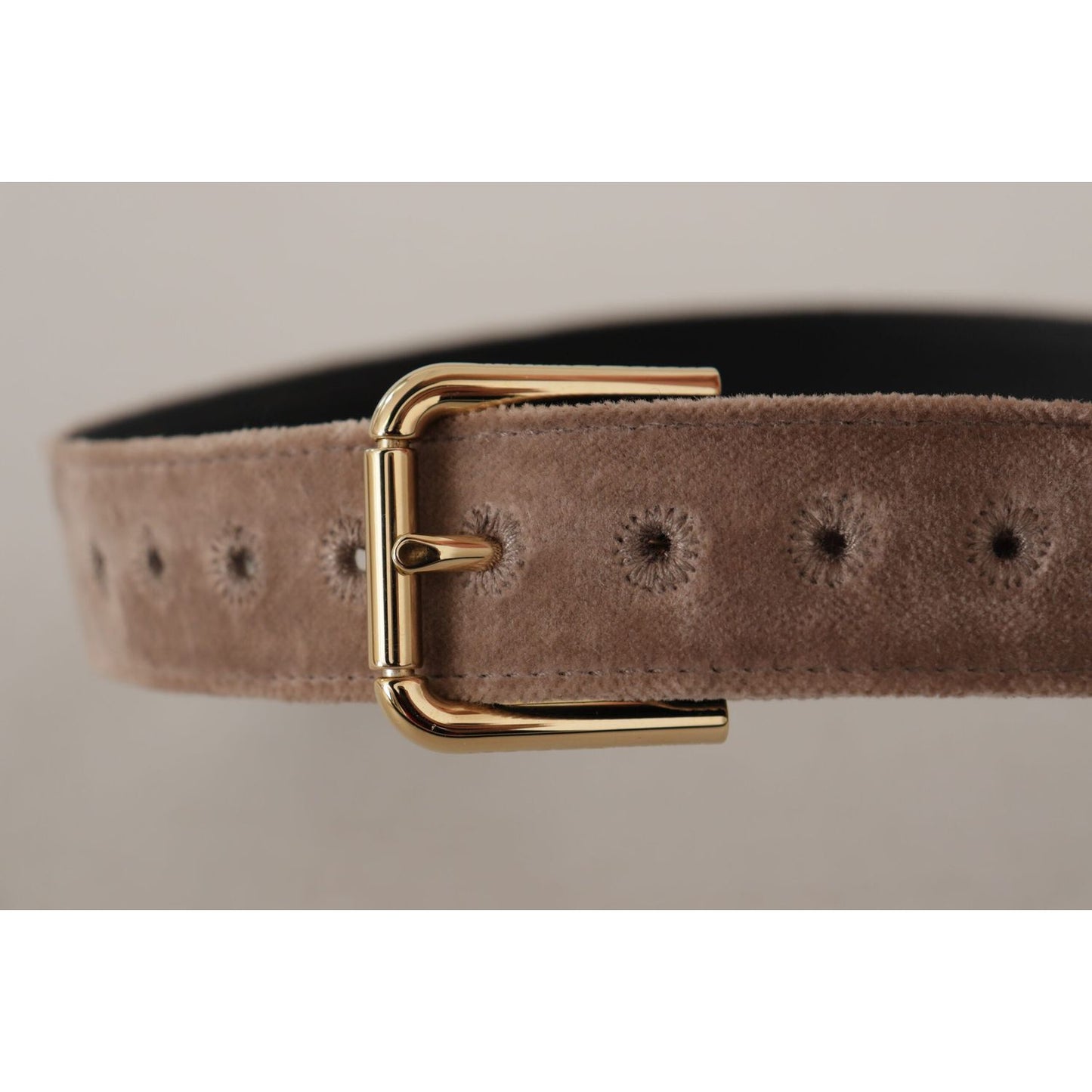 Dolce & Gabbana Light Brown Velvet Gold Tone Logo Metal Buckle Belt