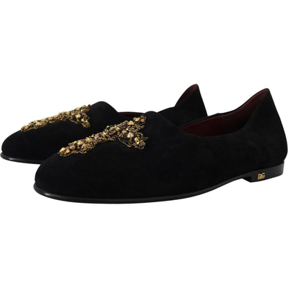 Dolce & Gabbana Black Suede Gold Cross Slip On Loafers Shoes