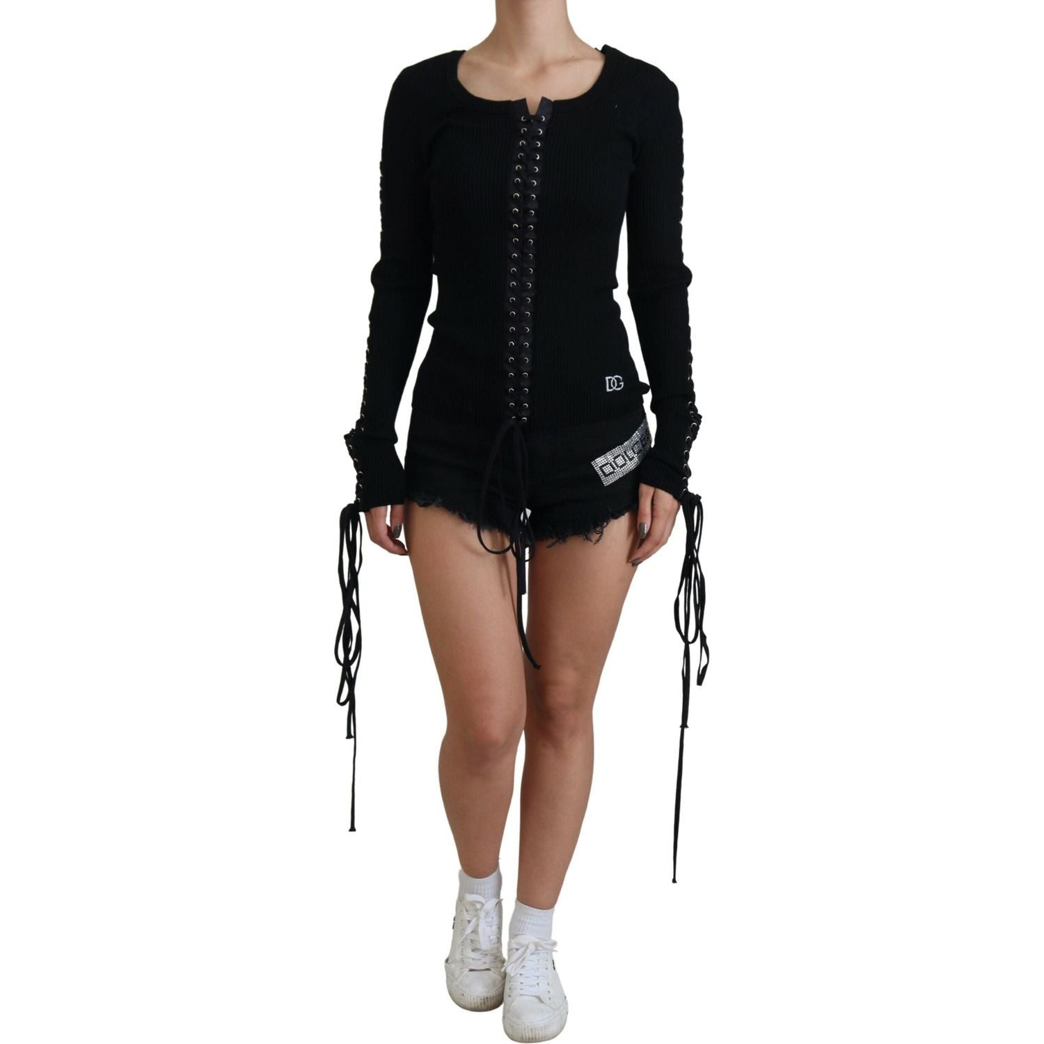 Dolce & Gabbana Black Wool Knitted Tie Up Slim Fit Sweater